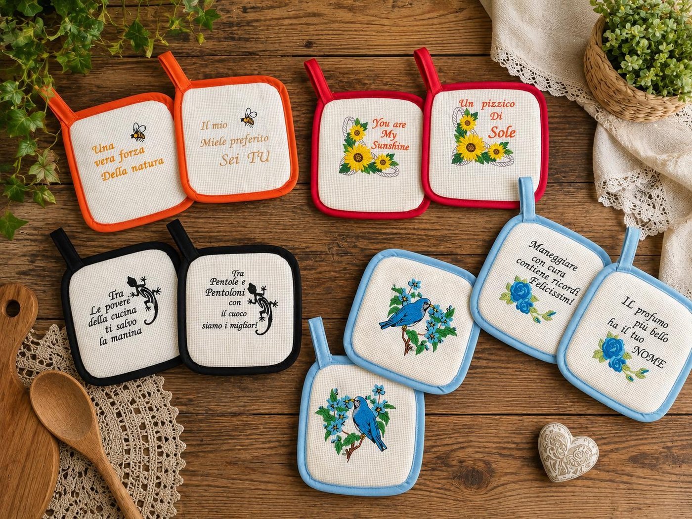 Set di presine ricamate con frasi, fiori e uccellini