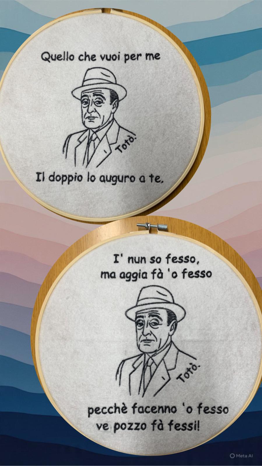 Doppio ricamo con ritratti e citazioni di Totò